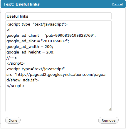 Wordpress Text Widget - Add Google Adsense code