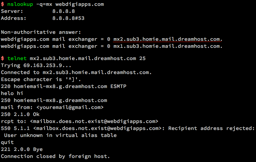 Nslookup. Terminal codes Windows check. User rejected. MX Exchange. Recipient address rejected